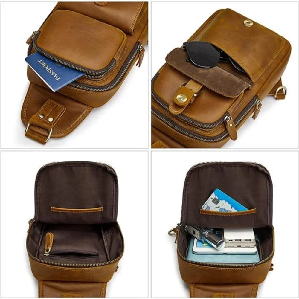 Unisex Vintage Genuine Leather Shoulder Backpack Crossbody Bag (Light Brown)